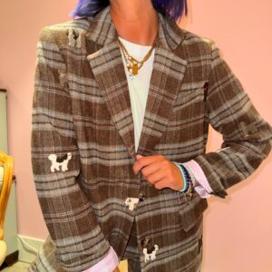 Blazer a quadri con dettaglio cani ricamati